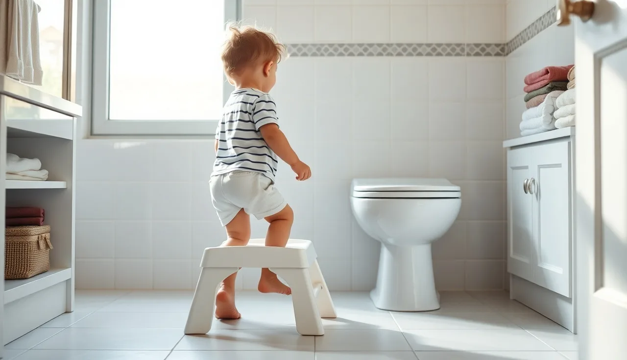 Toddler walking toward a step stool in a clean daycare bathroom during potty training
