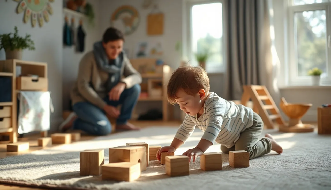 Adult supervising a toddler playing with blocks in a licensed home daycare room