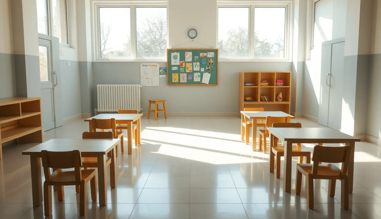 Empty licensed childcare classroom with small chairs and morning window light