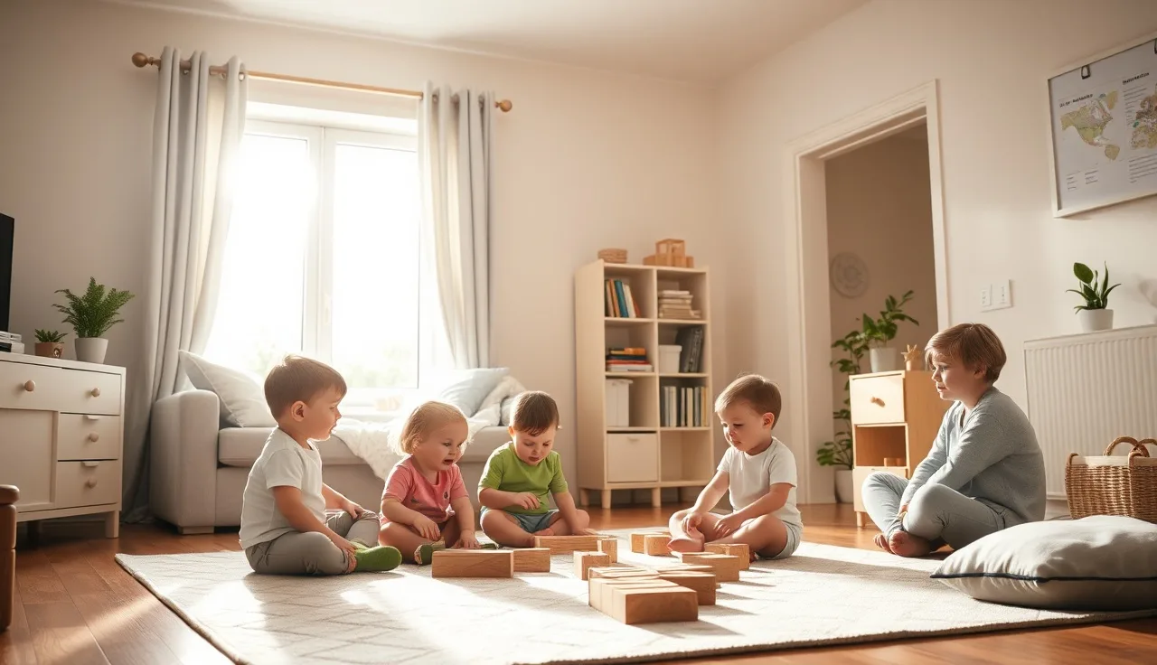 Caregiver watching three toddlers play in a family childcare home living room