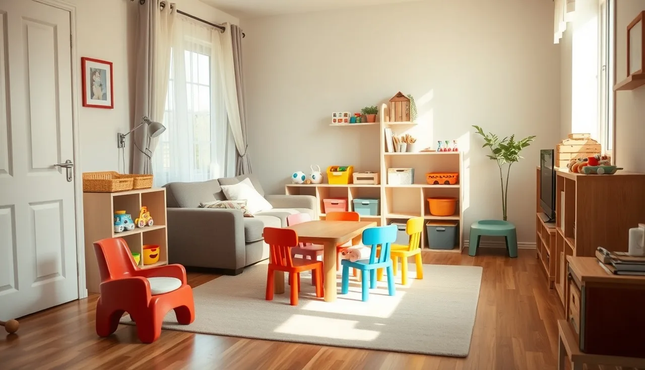 A home daycare room with small chairs and organized toy shelves in morning light