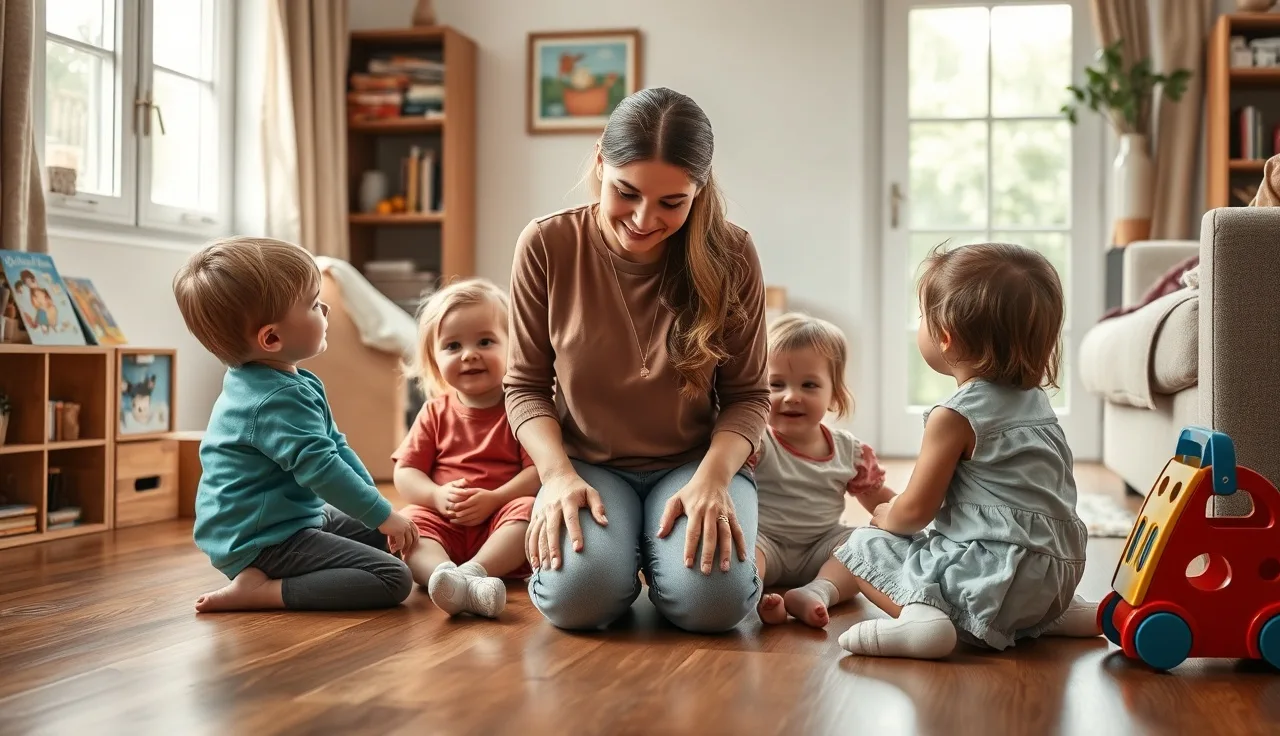 Home daycare provider working with mixed-age children during family child care program day
