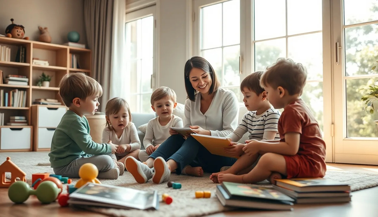 Family child care provider sitting on floor with young children in a home setting