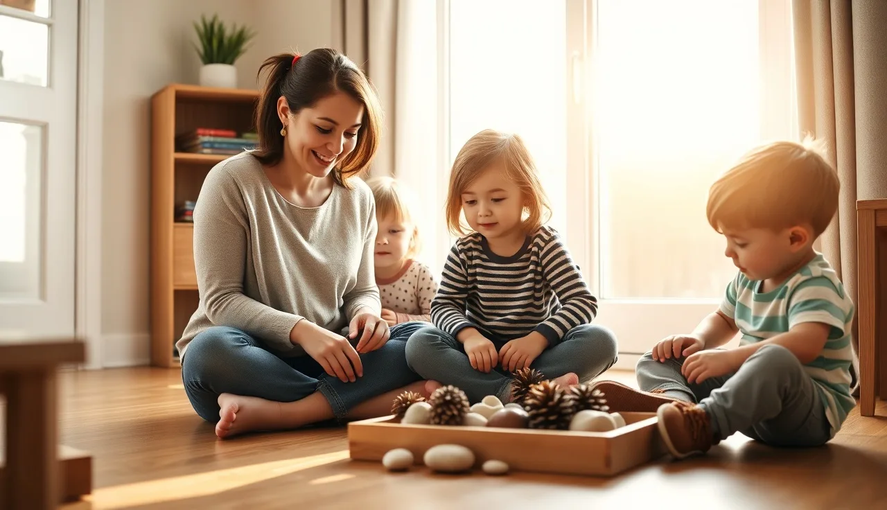 Home daycare provider and three children exploring natural objects on a sunlit floor