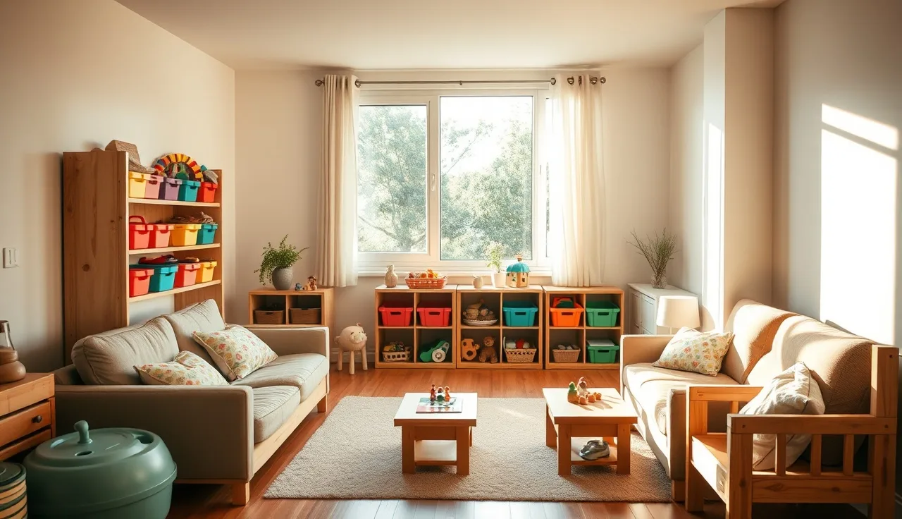 Home daycare living room with child-sized furniture and toy shelves