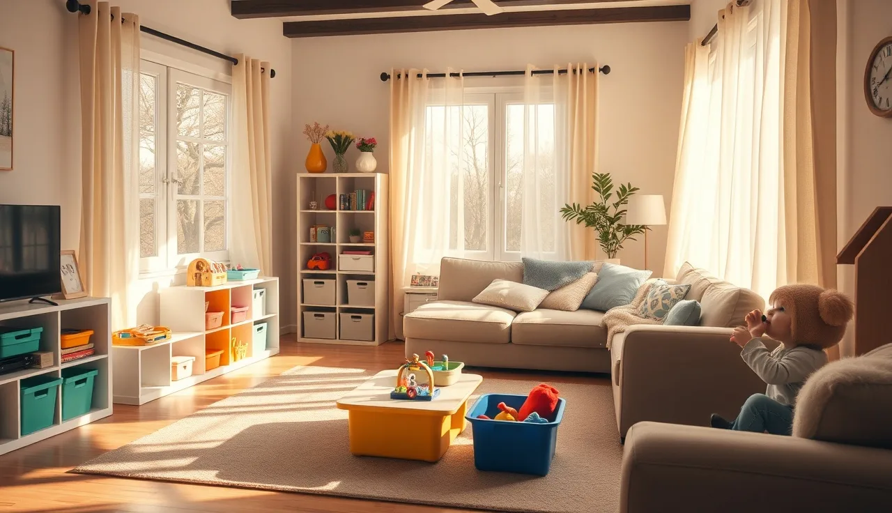 Bright home daycare playroom with toy shelves and morning sunlight, no children present
