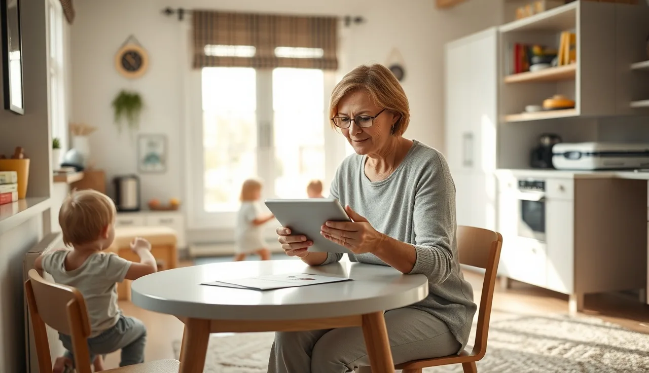Home daycare provider reviewing child records on a tablet in a bright kitchen