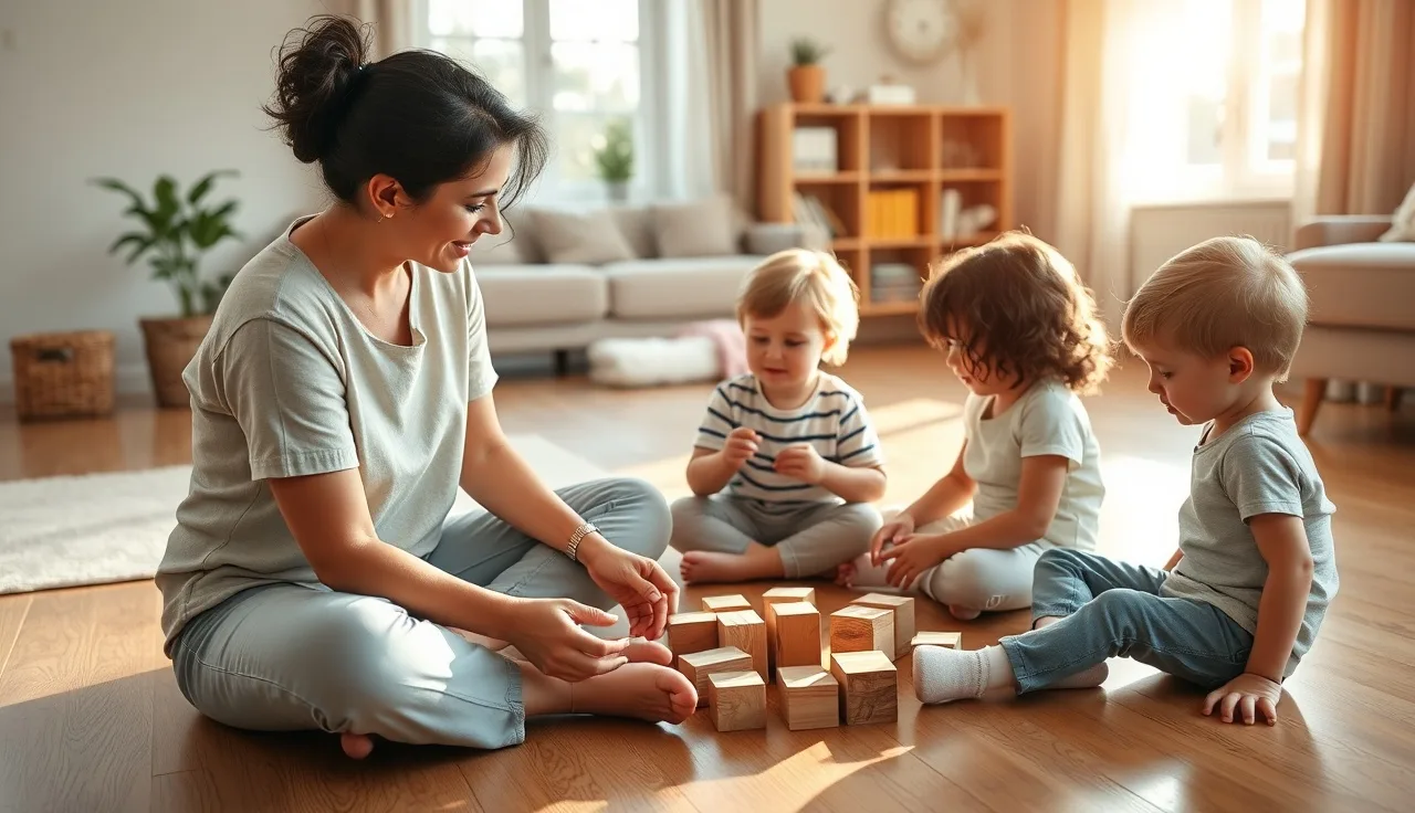 Family child care provider playing wooden blocks with three young children on sunny living room floor