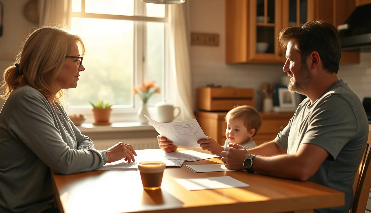 Provider and parent reviewing family handbook papers at a daycare table