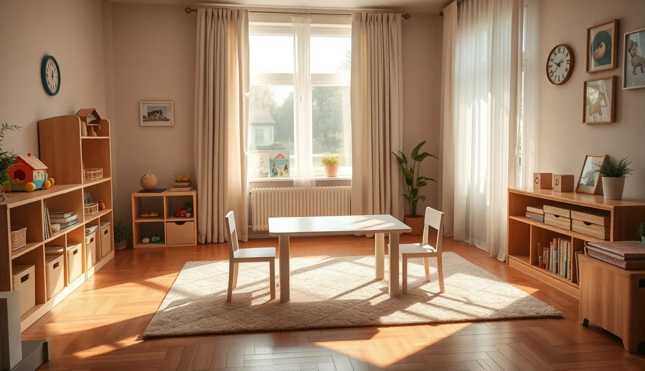 Home daycare living room with toy shelves, small tables, and morning light