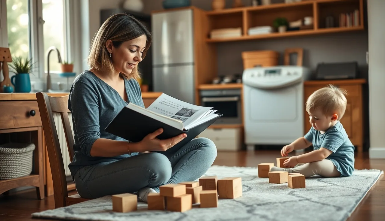 Home daycare provider reviewing CDA portfolio paperwork at kitchen table while children play nearby