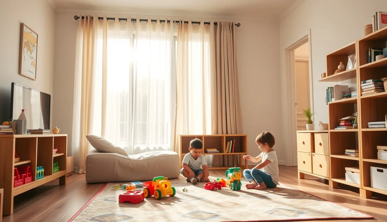 Children playing on a rug in a licensed home daycare living room