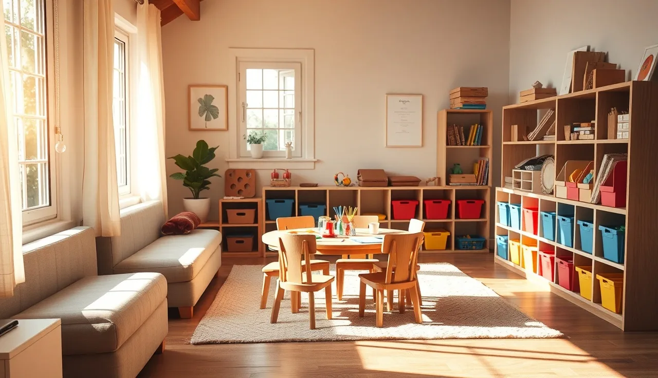 Small home daycare play area with low tables, wooden chairs, and toy bins in morning light