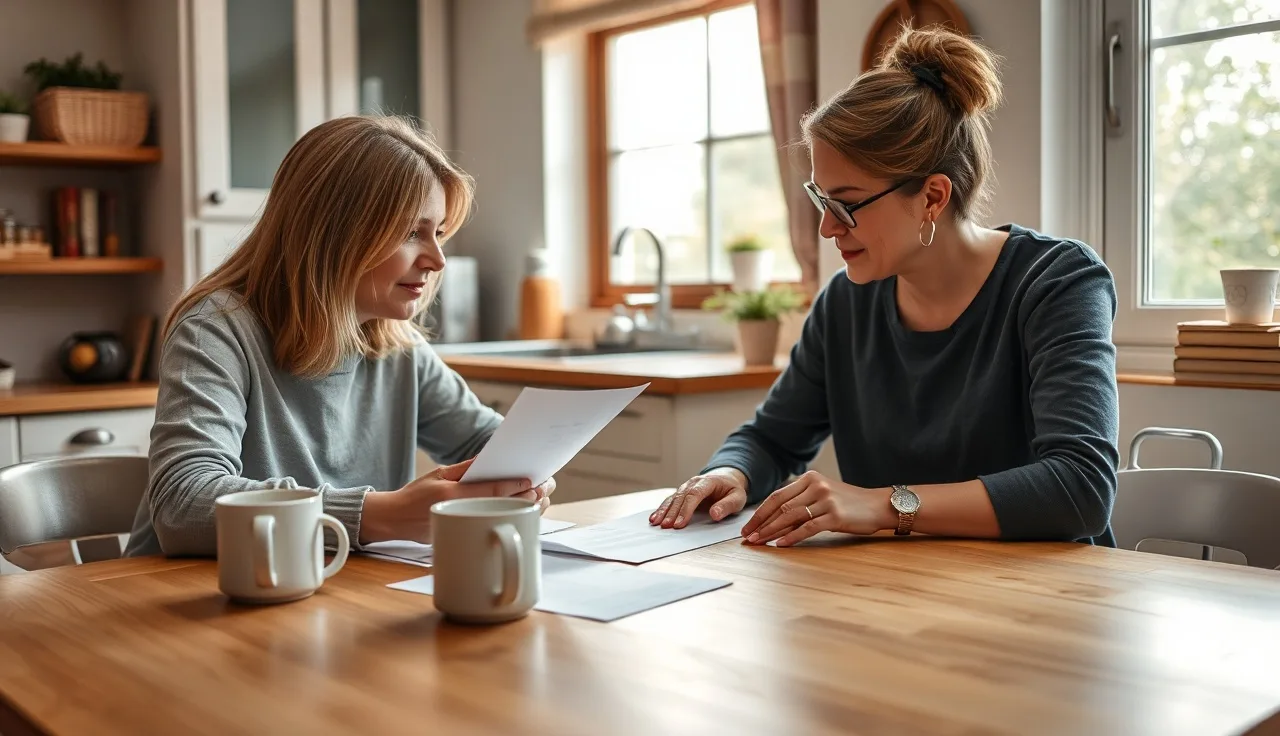 Home daycare provider and parent reviewing enrollment paperwork at a kitchen table