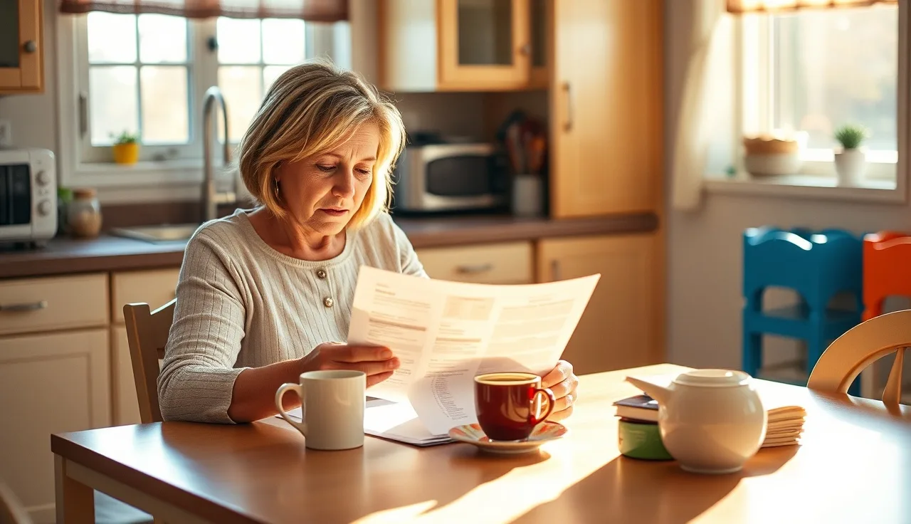 Home daycare provider reviewing enrollment contract paperwork at a kitchen table
