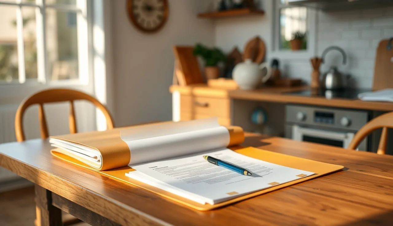Neat stack of blank paper forms on a sunlit kitchen table in a home daycare
