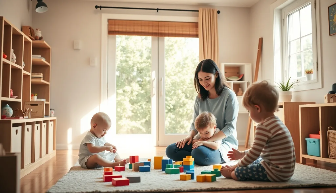 Provider sitting on playroom floor with toddlers in a licensed home daycare