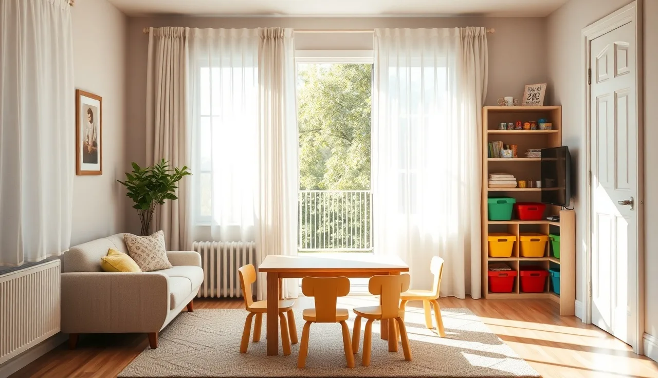 Sunlit home daycare living room with small chairs and organized toy shelves