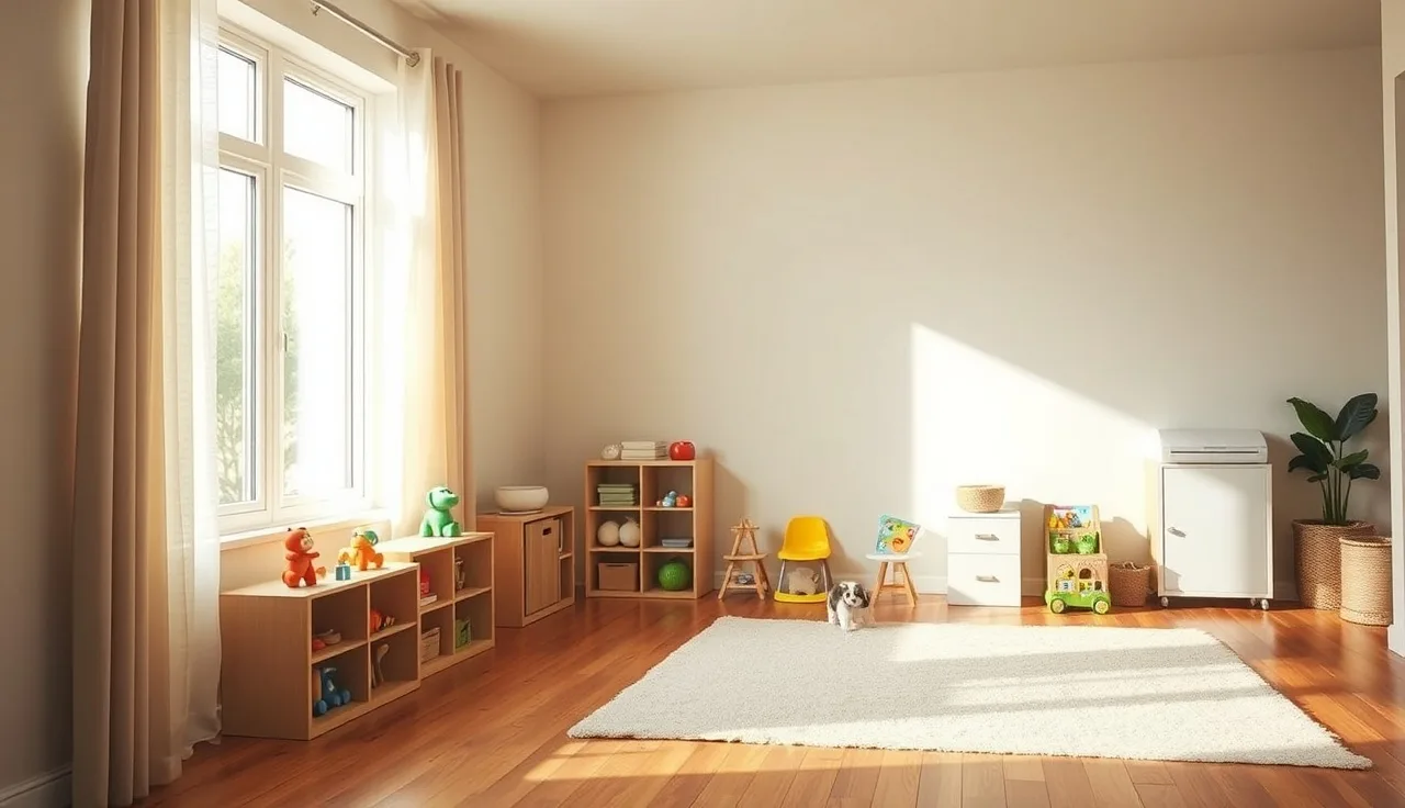 Organized home daycare living room with toy shelves and clean play mat in morning light