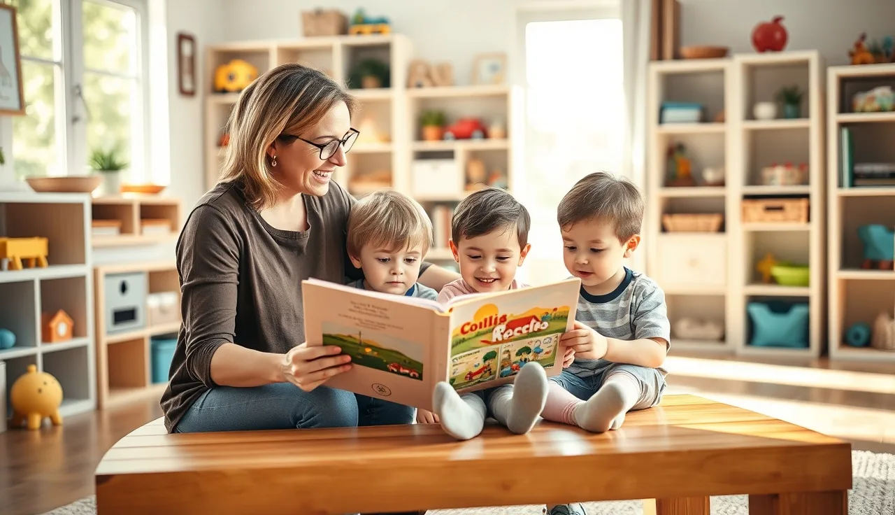 Home daycare provider reading a picture book with three young children at a low wooden table