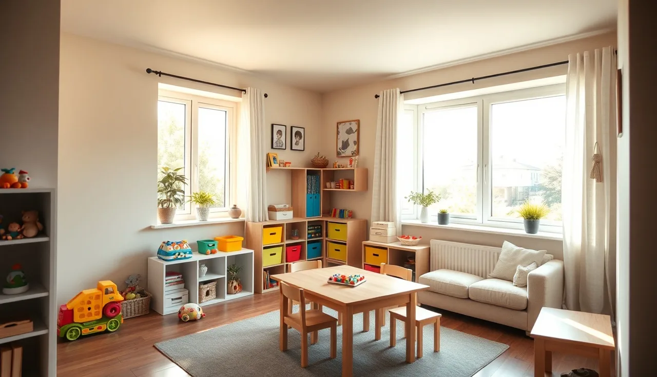 Sunlit home daycare room with child-sized furniture and toy shelves