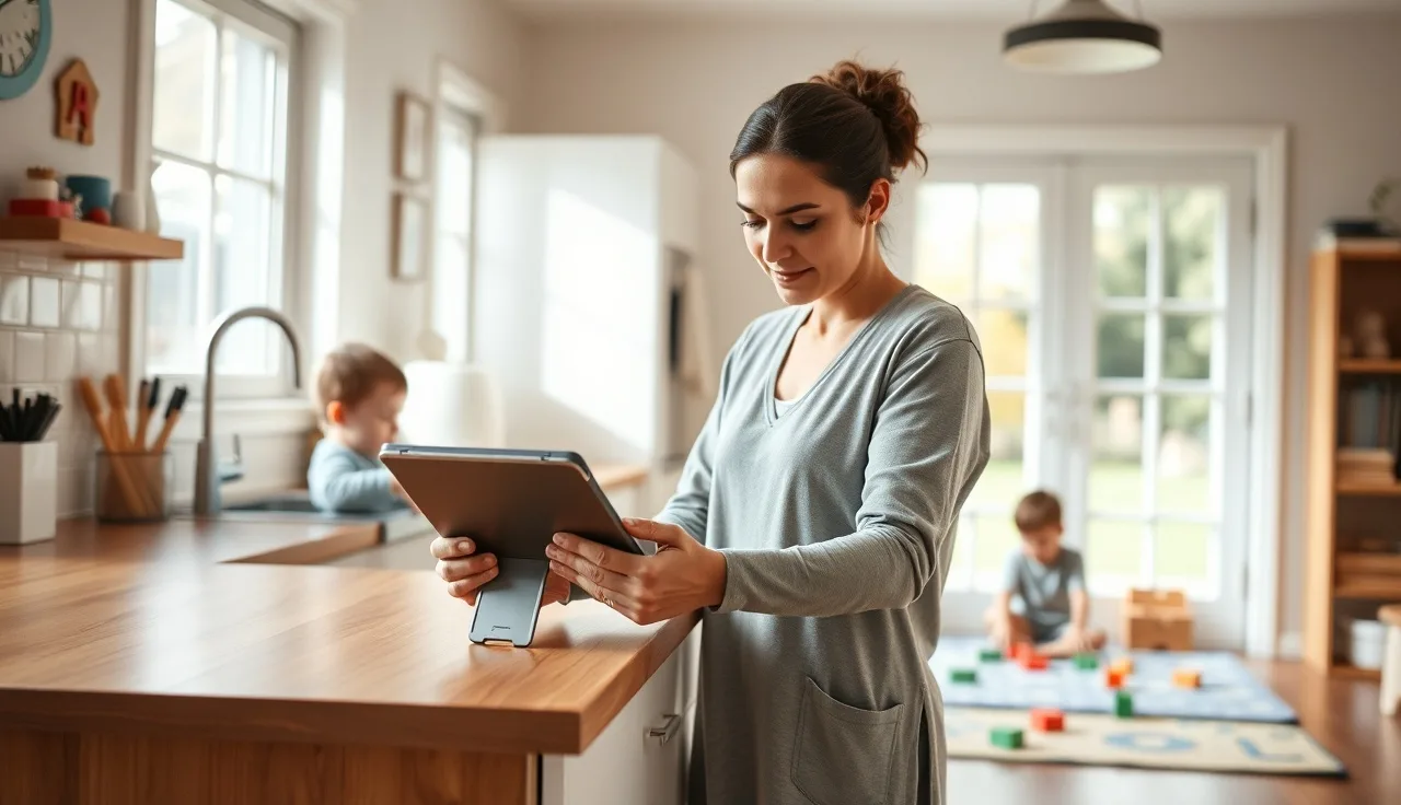 Home daycare provider reviewing digital records on a tablet while children play nearby