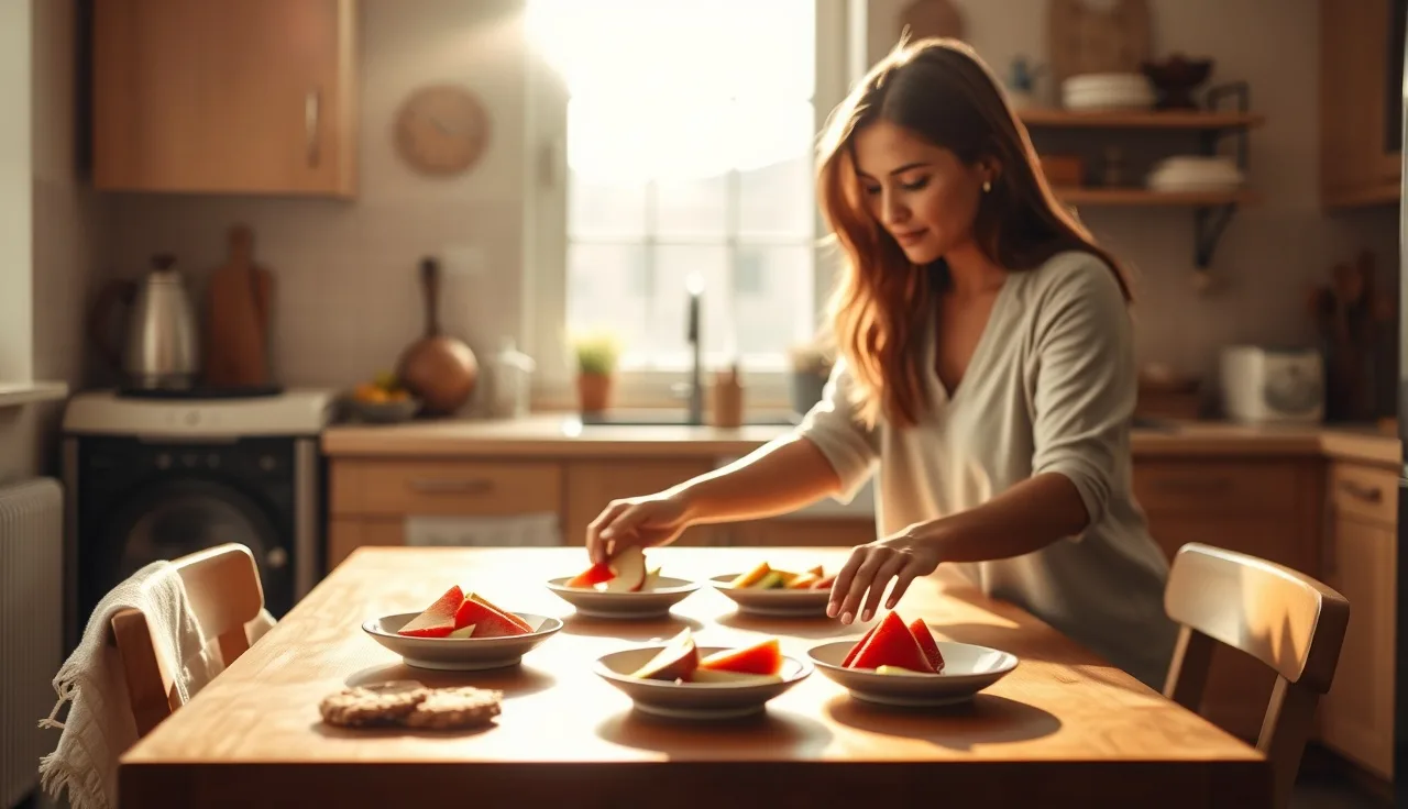 Home daycare provider arranging a CACFP-compliant meal for young children at a low table