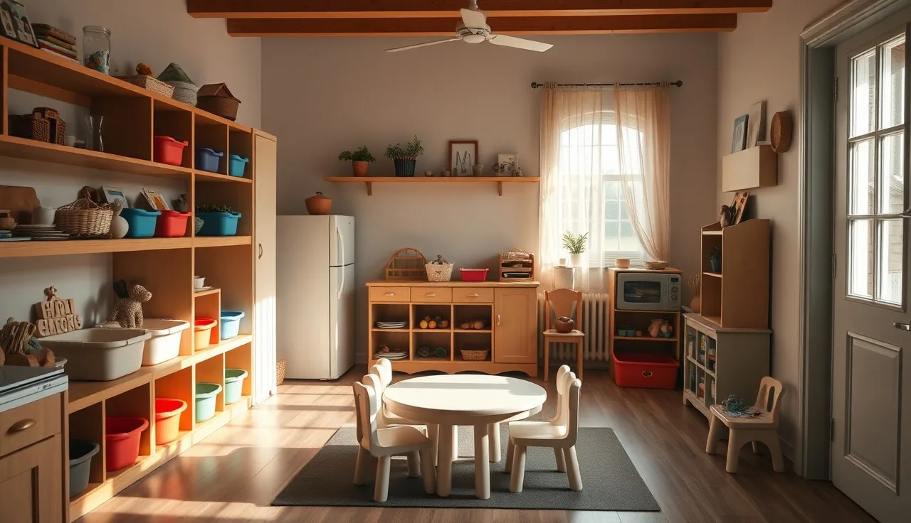 Home daycare playroom with low shelves and small chairs ready for children