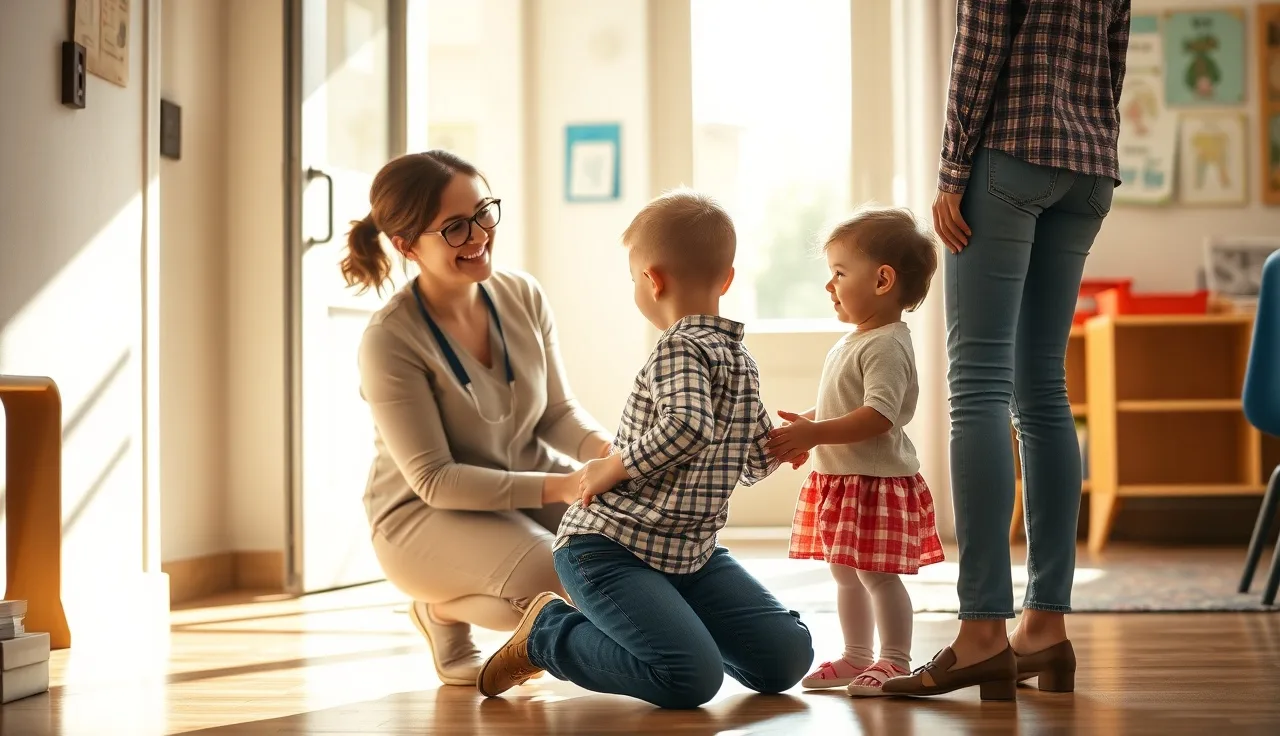 Child care provider warmly greeting a toddler and parent at morning drop-off