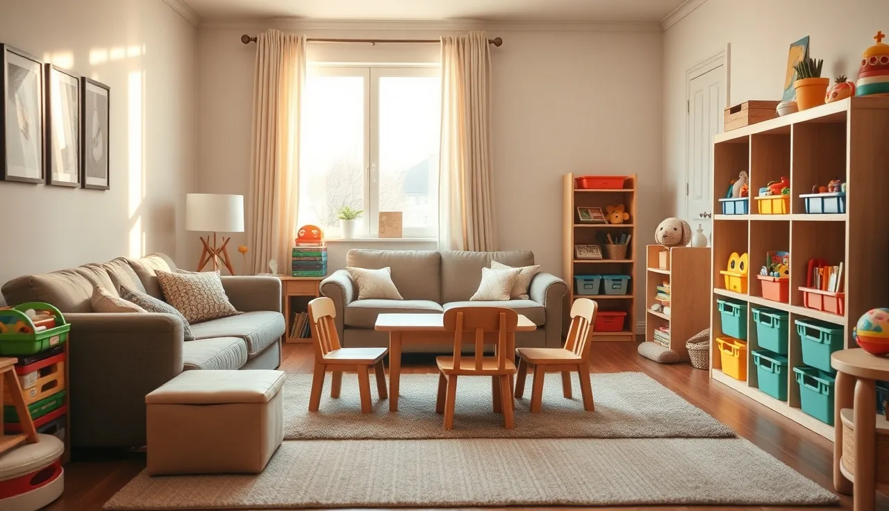 A bright home daycare living room with small chairs and toy shelves