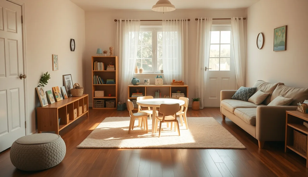 Converted home living room set up as a licensed family daycare play space