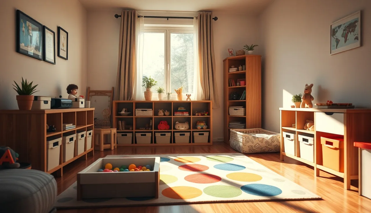 Sunlit home living room set up as a small licensed family daycare space