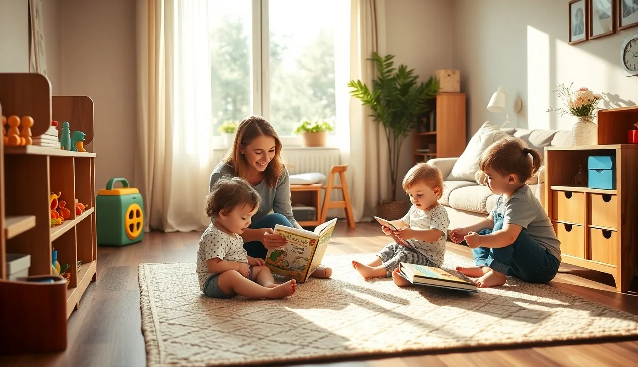 Home daycare provider kneeling with two toddlers on a play rug indoors