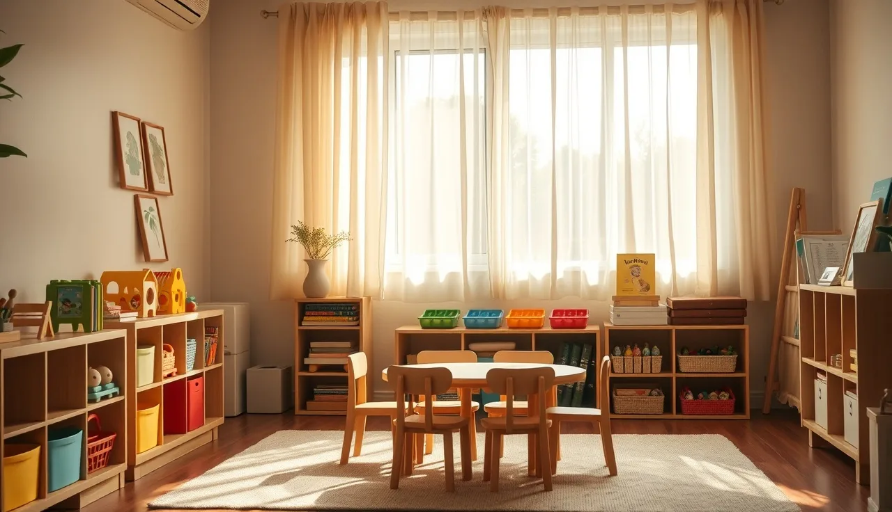 A home living room set up as a small licensed home daycare with toy shelves and small chairs