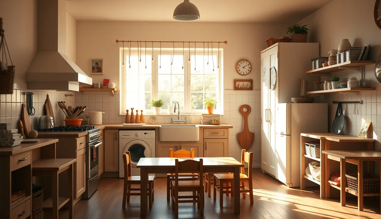 Bright home daycare play area with small chairs and morning light