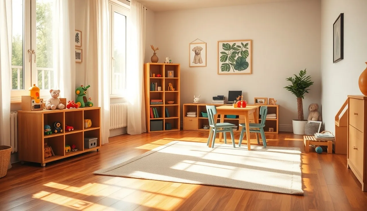 Sunlit home daycare playroom with wooden toy shelves and small children's table