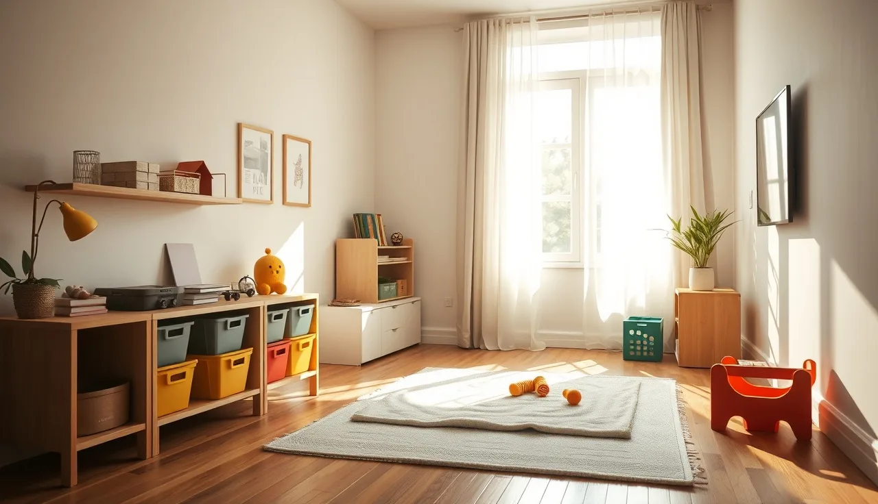 Sunlit home daycare living room with low shelves and soft play mat