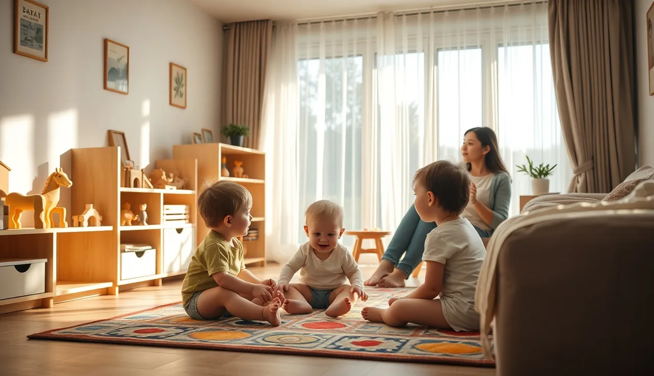 Home daycare provider watching two toddlers play on a colorful rug in a living room