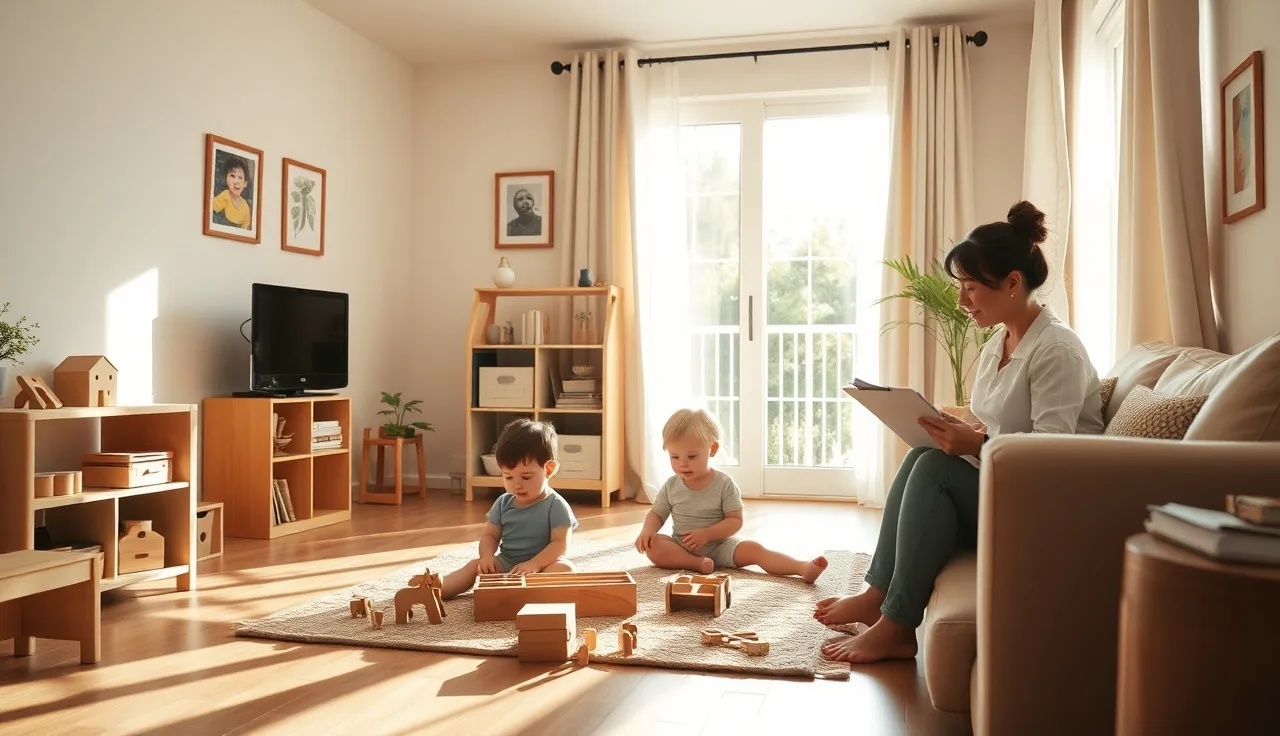 California home daycare living room with toddlers playing and caregiver reviewing licensing paperwork