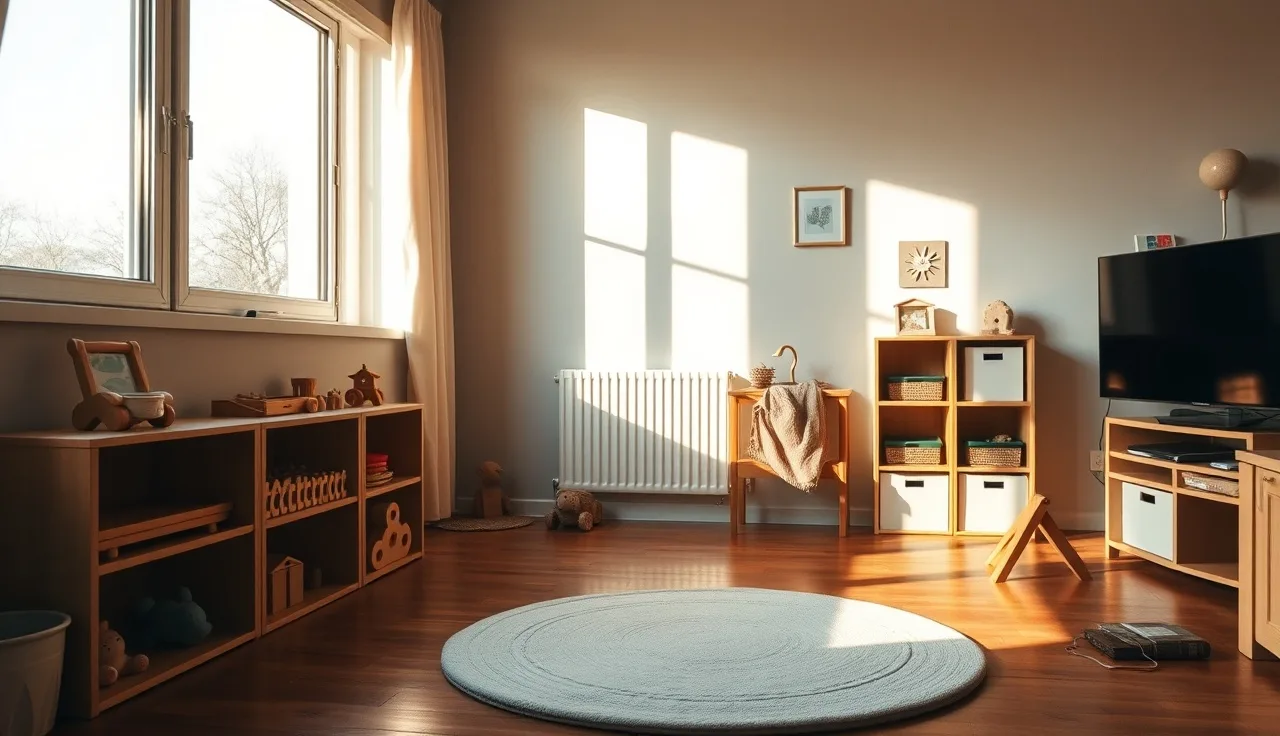Sunlit home daycare play area with wooden toys and foam mat in Michigan residence