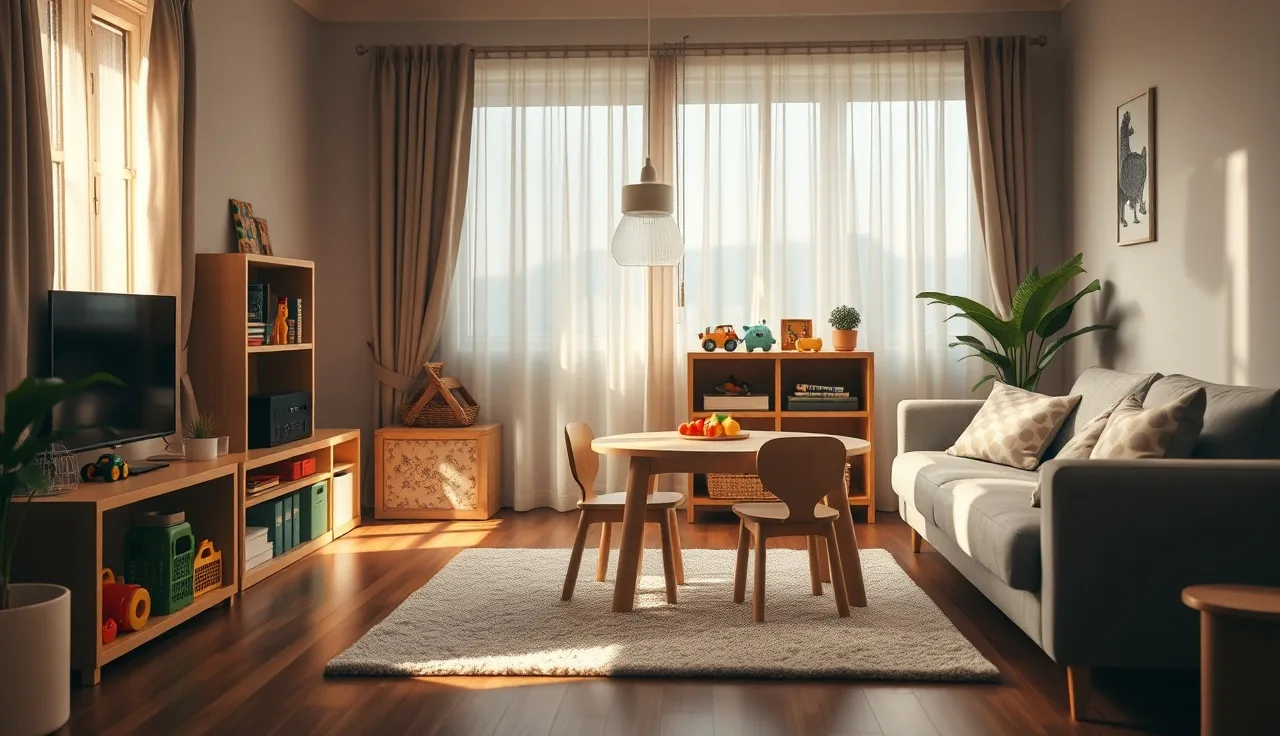 A home daycare living room set up with toys and small chairs in morning light