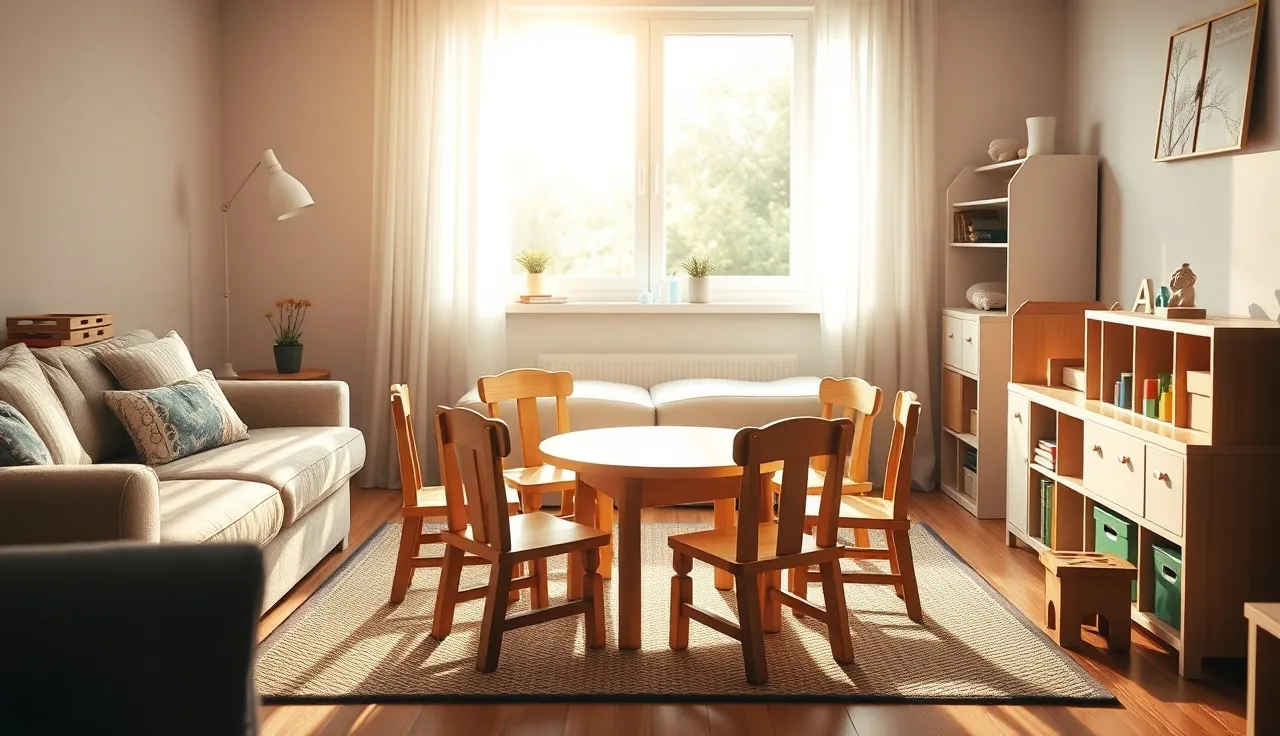 Sunlit home daycare room with small chairs, table, and toy shelves