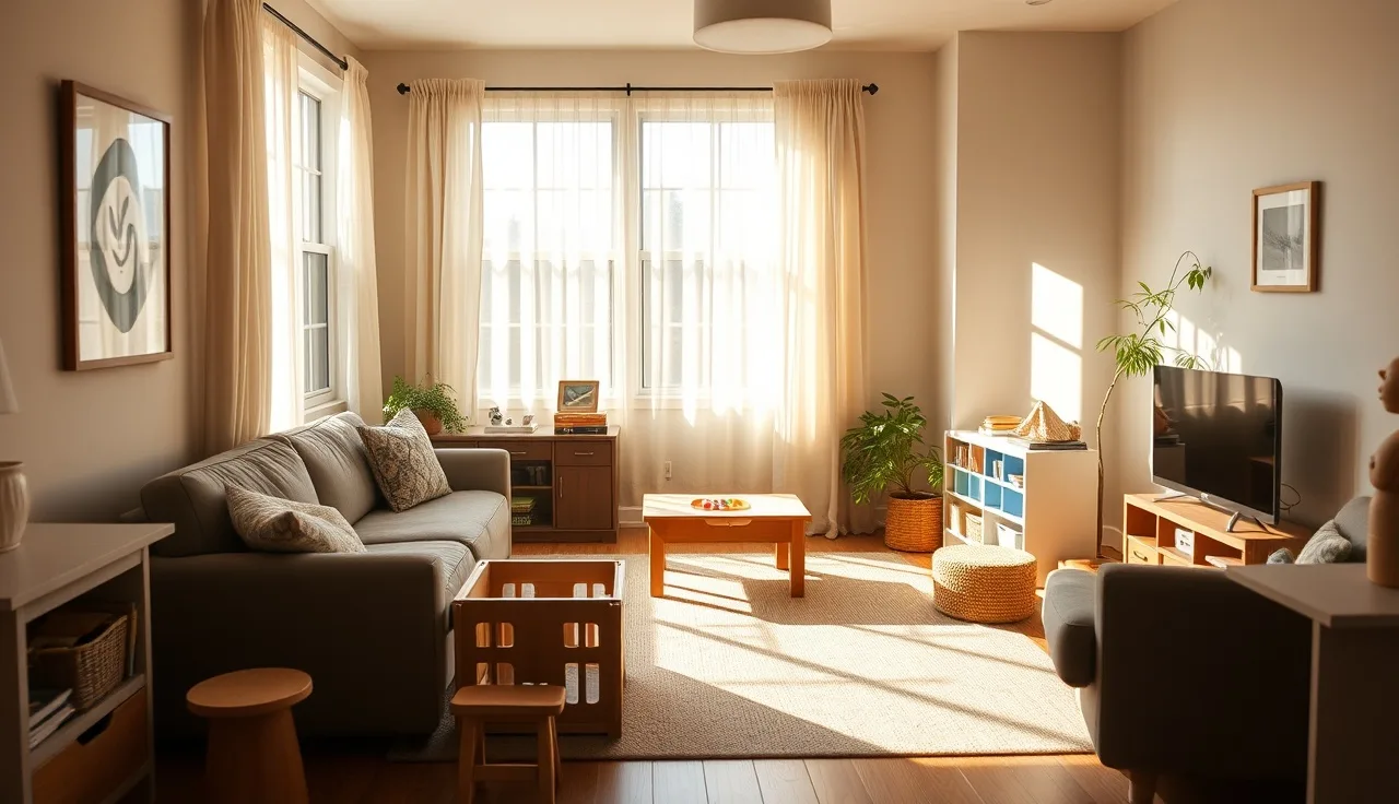 Sunlit home daycare playroom with wooden table and low bookshelves in Washington state
