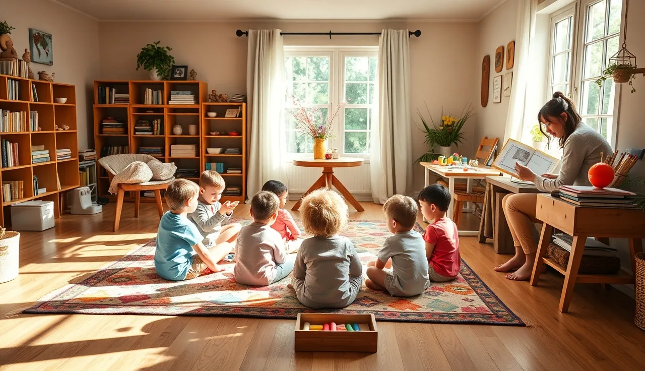Caregiver reading to a group of children in a licensed large family child care home