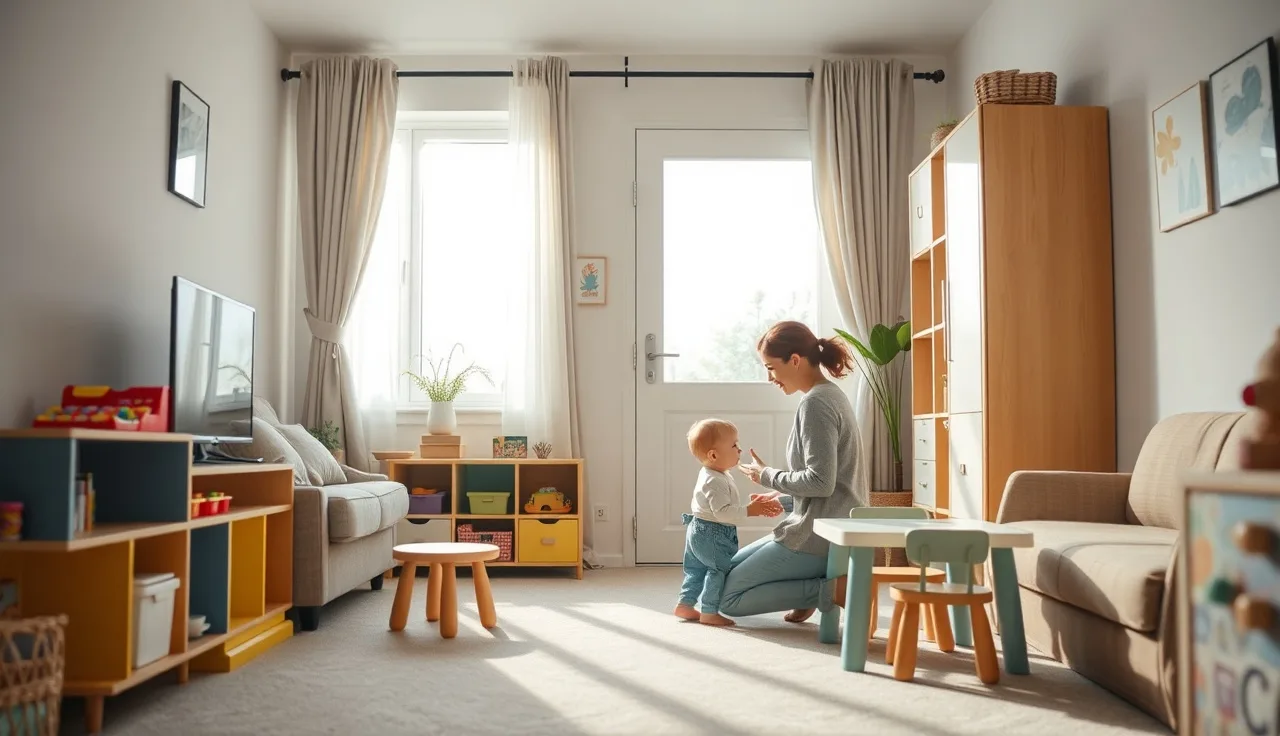 Home daycare space in a residential living room with small child care furniture