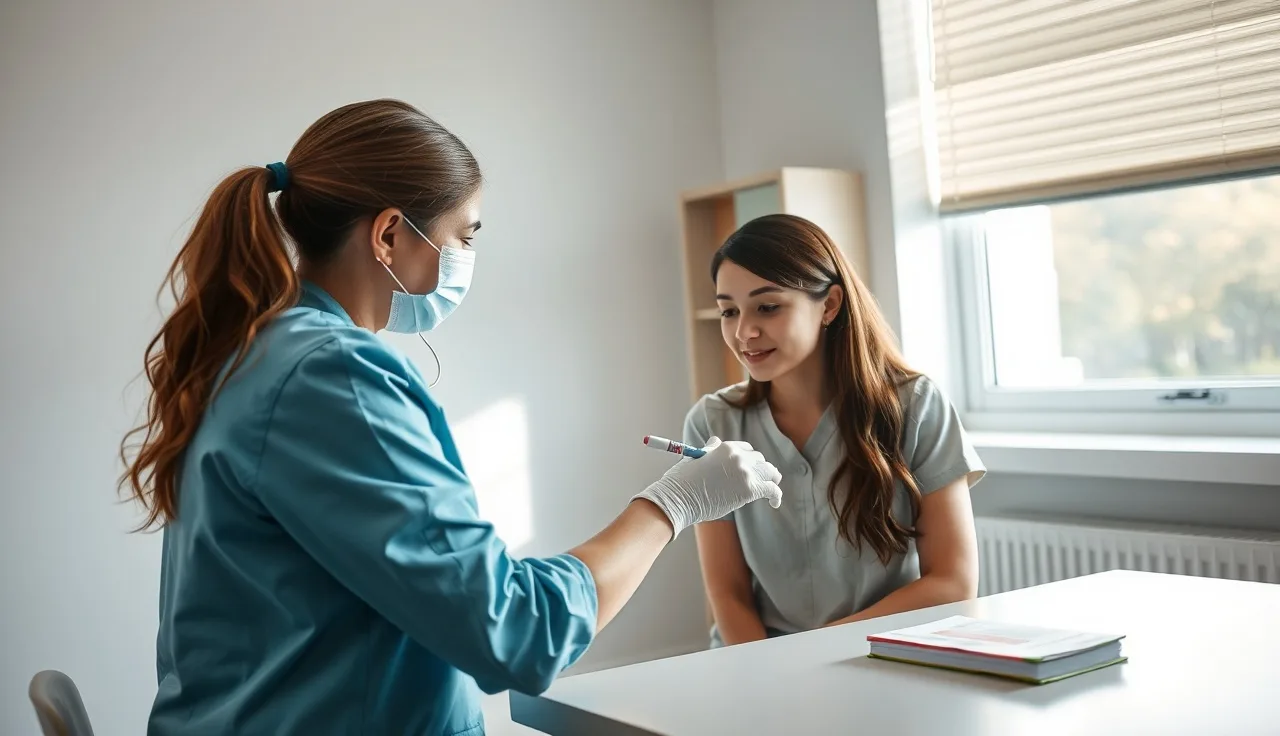 Nurse administering a tuberculin skin test on a woman's forearm in a clinic