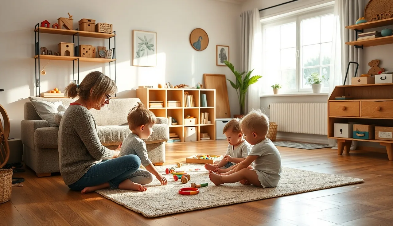 Home daycare provider sitting with toddlers in a bright organized play space