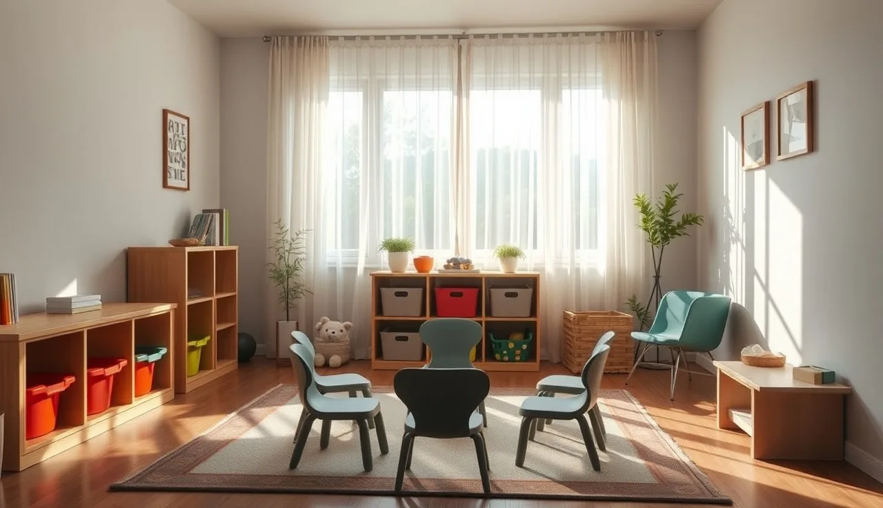 Sunlit home daycare room with low shelves and small chairs arranged on a rug