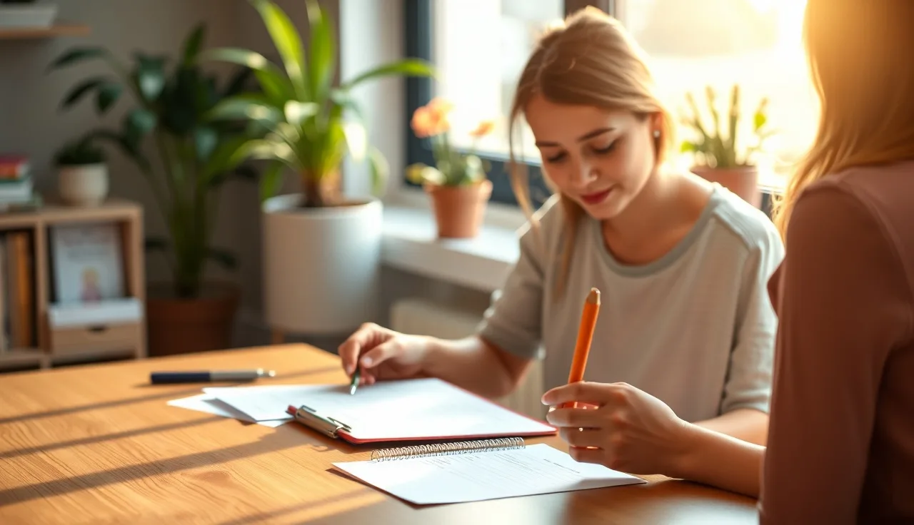 Childcare provider reviewing photo release consent forms at a wooden desk