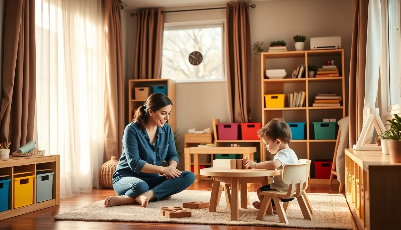 Provider sitting with toddlers in a home daycare living room with wooden toys
